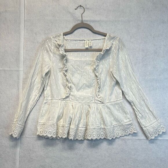 MEADOW RUE ANTHROPOLOGIE Top Women's Size 6 White Eyelet Peplum Ruffle Trim - Picture 2 of 11
